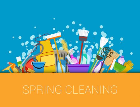 Spring cleaning background. Set of cleaning supplies