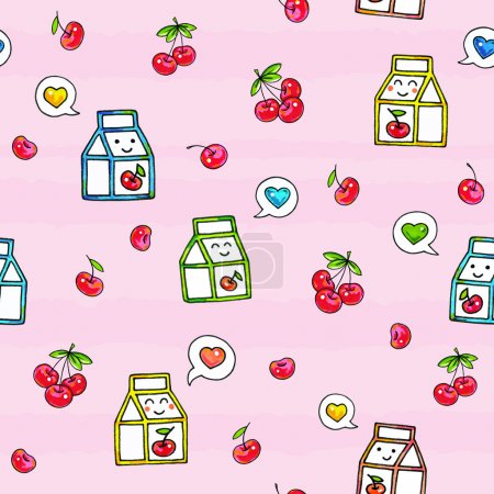 Kawaii food on pink background. Animation characters drawing. Seamless pattern cherry juice