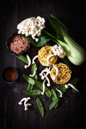 Japanese food style. udon noodles with shimeji mushrooms.