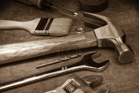 Tools and instruments on wood board