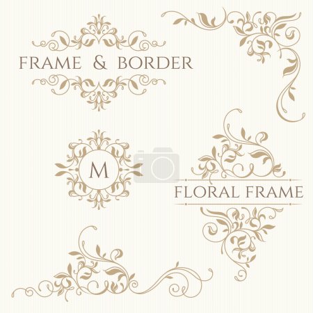 Set of decorative  borders and monograms. Floral pattern.