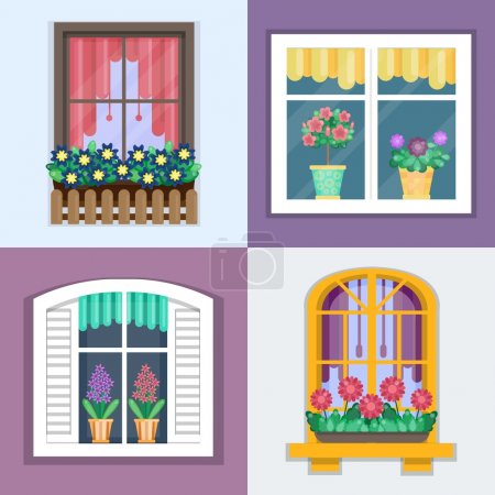 Vector illustration of windows set with plants in flower pots