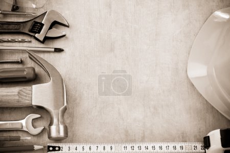 Set of tools and instruments on wood texture