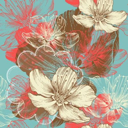 Seamless floral background with flowers apple, hand drawing, vector.