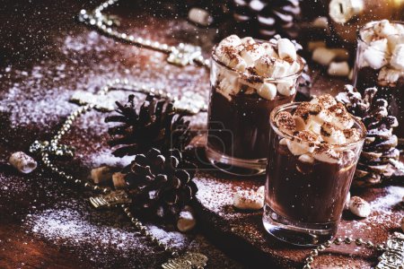 Christmas or New Year composition with hot chocolate and marshmallows
