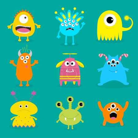 Monster big set. Cute cartoon scary character. Baby collection. Green background. Isolated. Happy Halloween card. Flat design.
