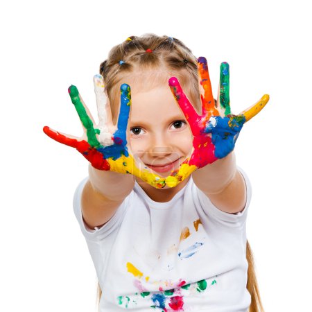 Little girl with ​​hands in paint