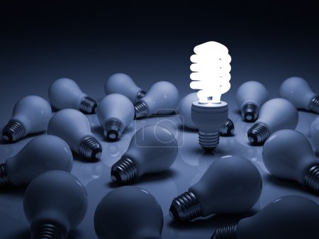 Lit compact fluorescent lightbulb standing amongst the unlit incandescent bulbs