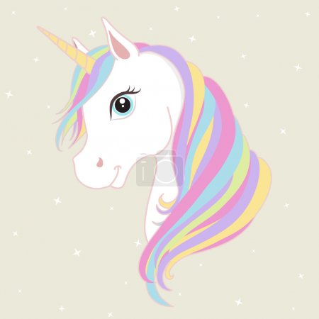 White unicorn head with rainbow mane and horn. Vector illustration.