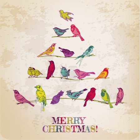 Retro Christmas Card - Birds on Christmas Tree - for invitation,