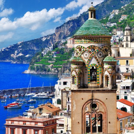 Architecture of beautiful Amalfi, view with church