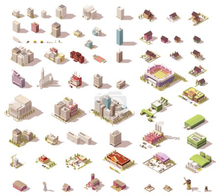 Vector isometric low poly buildings and houses
