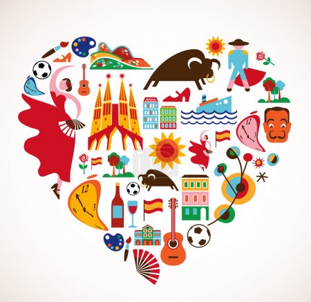 Spain Love - heart with set of vector icons