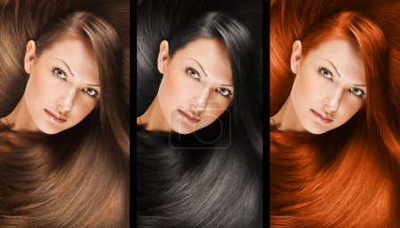Collage of a beautiful young woman with long natural straight hair, mixed color, conceptual hairstyle