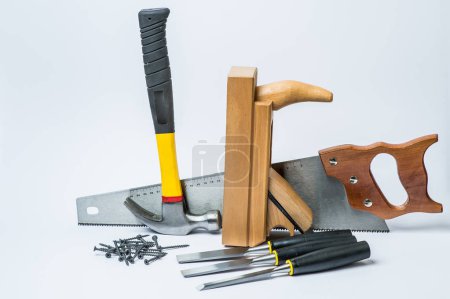 Tools for working with wood on white background