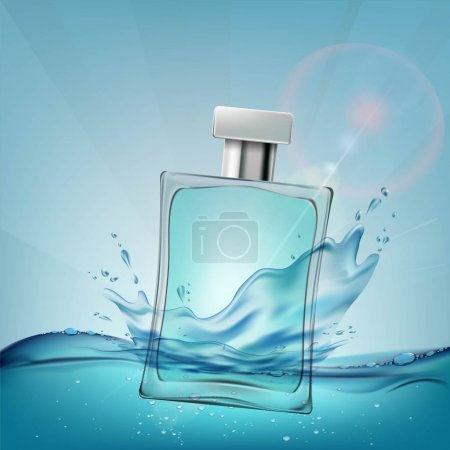 Glass container with a male perfume. Cosmetic ads template. Stoc