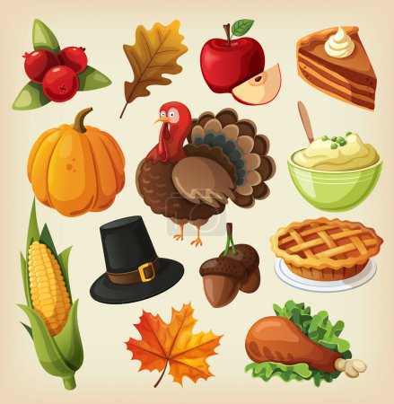 Set of colorful cartoon icons for thanksgiving day.