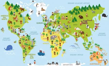 Funny cartoon world map with childrens of different nationalities, animals and monuments of all the continents and oceans. Names in spanish.