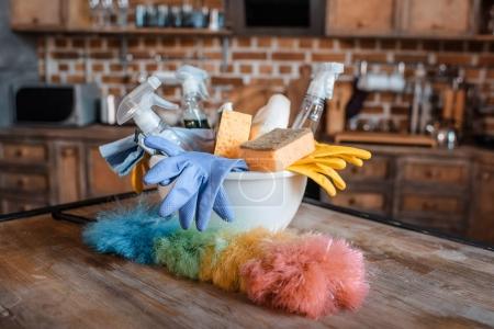 Cleaning supplies on table 