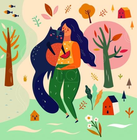 Girl and cat in cartoon style