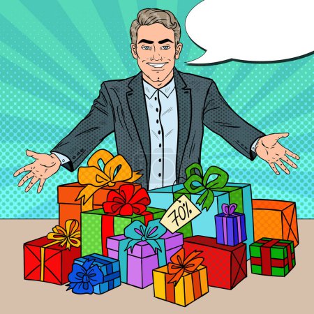 Man with Gift Boxes. Holidays Sale Big Discount. Pop Art vector illustration