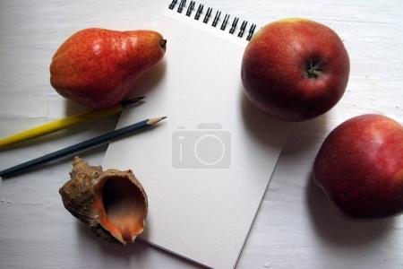 notebook, pencil, pen and fruits