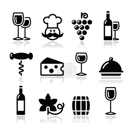 Wine icons set - glass, bottle, restaurant, food