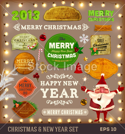 Set of vector Christmas ribbons, old dirty paper textures and vintage new year labels.