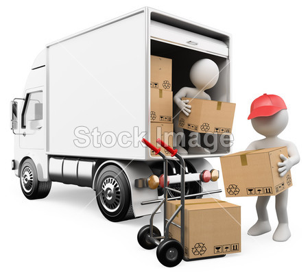 3D white . Workers unloading boxes from a truck