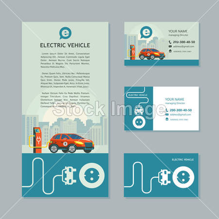 Red electric car at a charging station. Service electric vehicles. Corporate identity, car show, flyer, business cards.