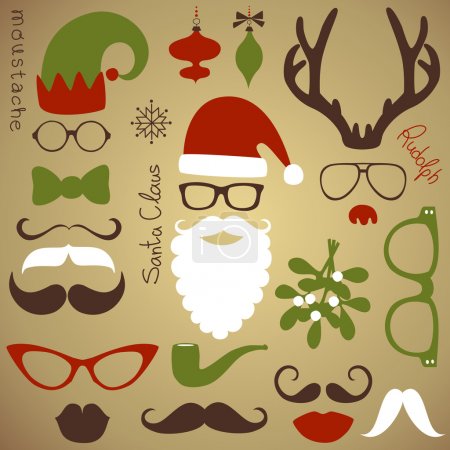 Retro Party set - Santa Claus beard, hats, deer antlers, bow, glasses, lips, mustaches