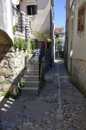 Deserted street in center of Historic Vrbnik on Krk Island on April 30, 2017. Croatia