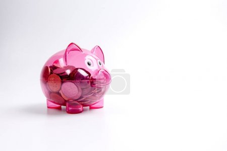 Coins in the red piggy bank isolated on white. Saving and investment conceptual.