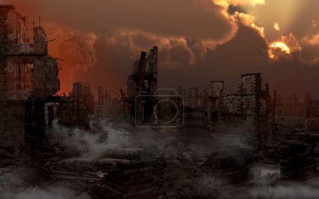 Ruined city with smoke