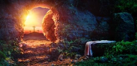 Crucifixion At Sunrise - Empty Tomb With Shroud - Resurrection Of Jesus Christ