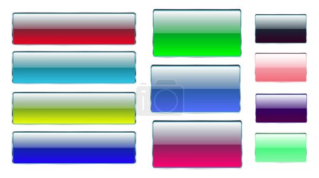 Set of multicolored rectangular and square glass transparent colorful bright beautiful vector buttons with silver metallic frame for clicks, clicking icons for the site. Vector illustration
