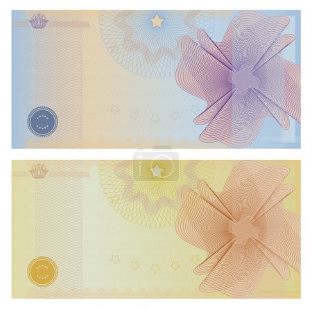 Voucher template with guilloche pattern (watermarks) and borders. This background design usable for gift voucher, coupon, banknote, certificate, ticket, diploma, currency, check (cheque) etc. Vector