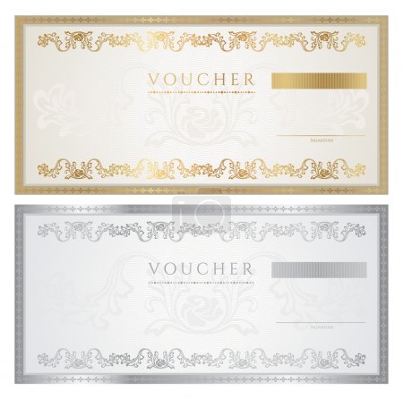 Voucher template with floral pattern, watermark, border. Background design for gift voucher, coupon, banknote, certificate, diploma, ticket, currency, check (cheque). Vector in golden, silver colors
