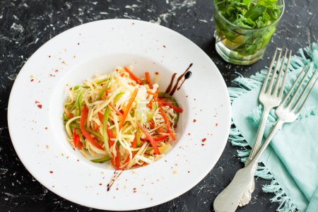 Fresh homemade cabbage salad coleslaw with red and green bell pepper. Vegetarian dish.