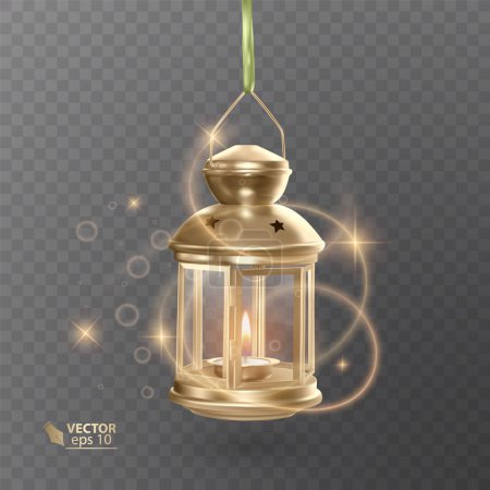 Golden vintage luminous lantern with lighting, shining effects, Isolated on transparent background. Vector eps 10