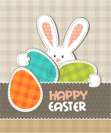 Greeting card. Easter bunny with colored eggs