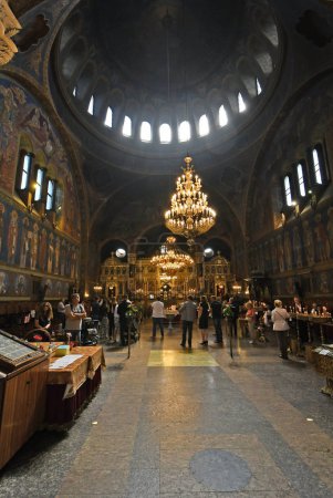Sofia, Bulgaria - June 16, 2018: Unidentified people inside orthodox church of Saint Nedelya by babtismal ceremony