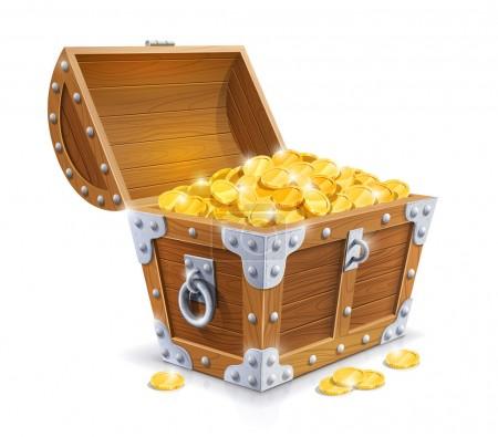 Vintage wooden chest with golden coin