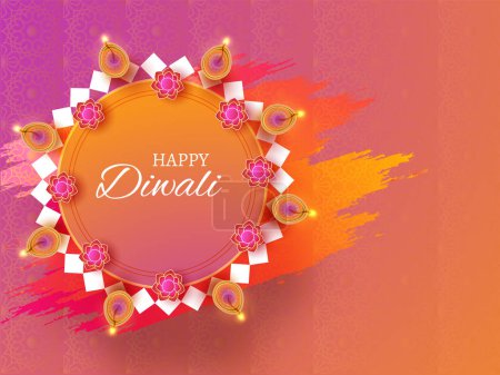 Circular frame with text Happy Diwali and decorated with illuminated oil lamps on shiny brush stroke background.