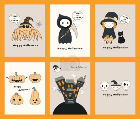 Set of Halloween hand drawn greeting cards with kawaii funny characters, text, pumpkins, haunted house, ghosts, Design concept for kids print and party invitation.
