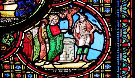 Jesus heals a lame man, stained glass window from Saint Germain-l'Auxerrois church in Paris, France