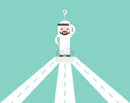 Arab Businessman confusing with road junction, making decision business concept flat design