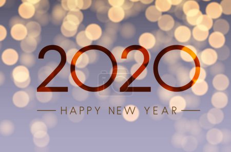 Shiny Happy New Year 2020 card with bokeh backdrop. Vector background