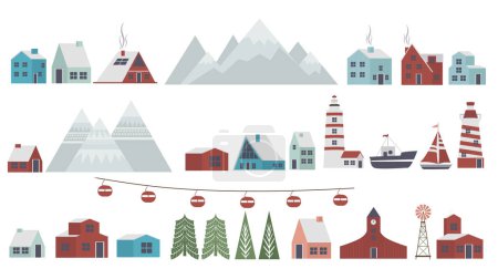 Cute Merry Christmas elements set. Winter landscape and houses in the Scandinavian style. Editable vector illustration