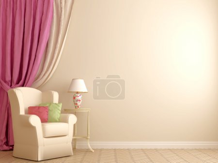 Armchair by the pink curtains